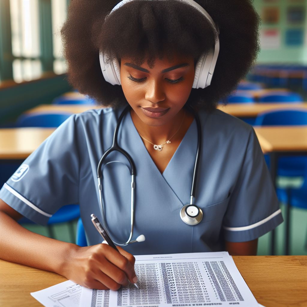 A nurse taking OET on paper with special requirement headphones.