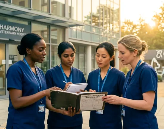 Nurses discussing controlled drugs in veterinary practice