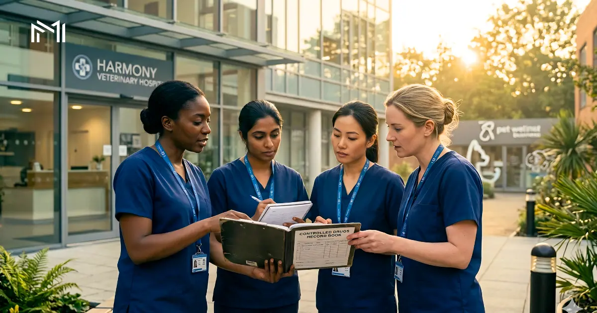 Nurses discussing controlled drugs in veterinary practice
