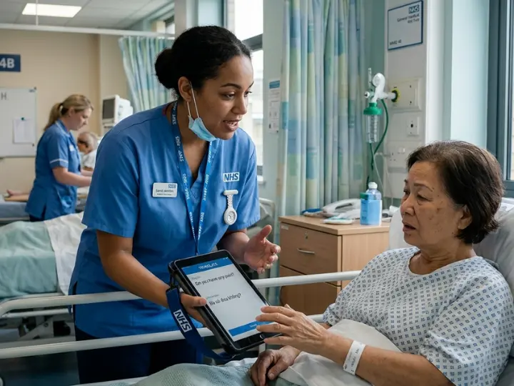 Nurse accessing interpreter service via tablet to improve patient communication and safety in clinical setting