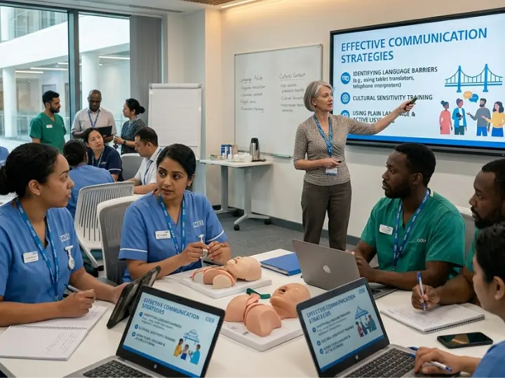 NHS nurse using translation technology to overcome language barriers and enhance patient care communication