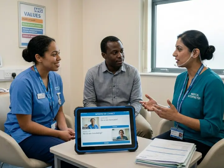 Nurse and medical interpreter assisting a patient using a translation device in a UK hospital, demonstrating effective communication despite language barriers