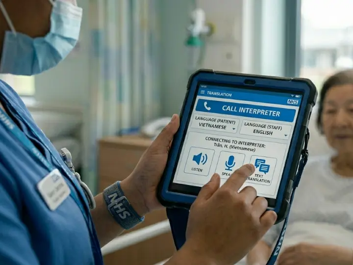 Healthcare professional using digital translation device to communicate with non-English-speaking patient in hospital