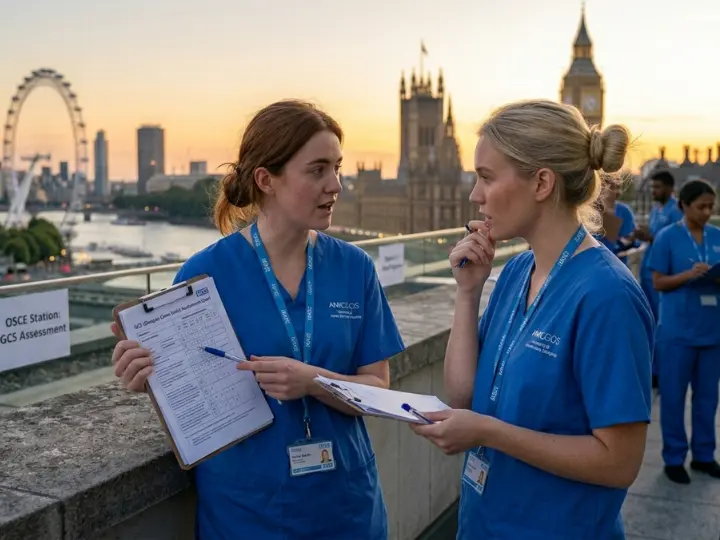 Nurses discussing documentation, clinical reasoning and communication in NMC OSCE