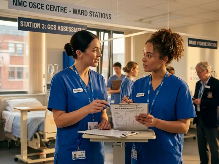 Nurses documenting GCS Chart in NMC OSCE