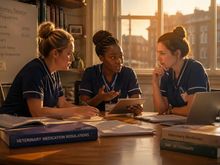 Nurses discussing veterinary medication regulations.
