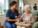 a nurse in dark-blue scrubs supporting an elderly patient with dementia in a calm, person-centred clinical care setting
