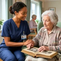 a nurse in dark-blue scrubs supporting an elderly patient with dementia in a calm, person-centred clinical care setting