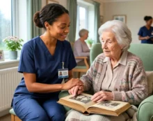 a nurse in dark-blue scrubs supporting an elderly patient with dementia in a calm, person-centred clinical care setting