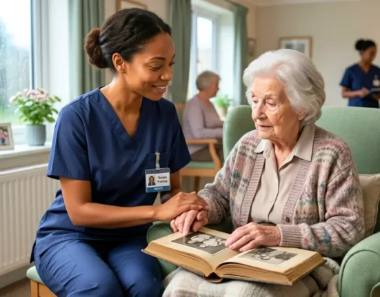 a nurse in dark-blue scrubs supporting an elderly patient with dementia in a calm, person-centred clinical care setting
