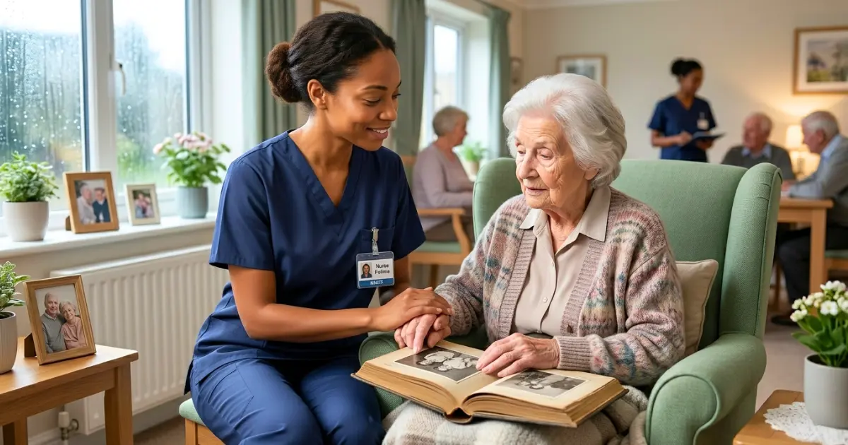a nurse in dark-blue scrubs supporting an elderly patient with dementia in a calm, person-centred clinical care setting