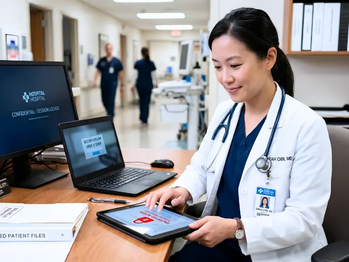 Healthcare professional using digital devices responsibly and protecting patient confidentiality