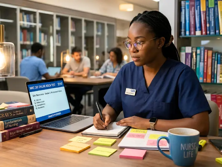 International nurse reviewing health and safety at work for NMC CBT in a clinical study setting