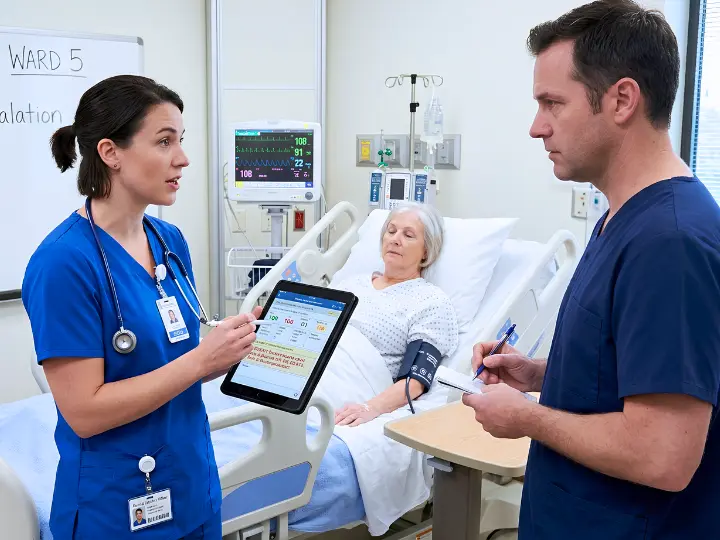 Nurse documenting accurate observations and escalating safety concerns in OSCE scenario
