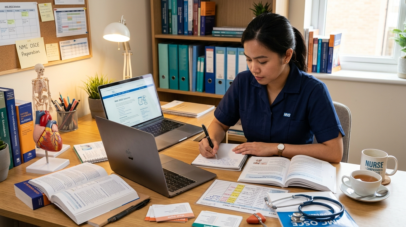 The nurse is learning OSCE suppository insertion using books, charts and a laptop.