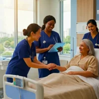 Nurses around the patient happily understanding and discussing Patient-Centred Care for NMC CBT