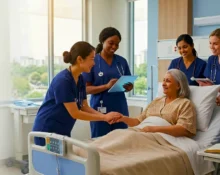 Nurses around the patient happily understanding and discussing Patient-Centred Care for NMC CBT