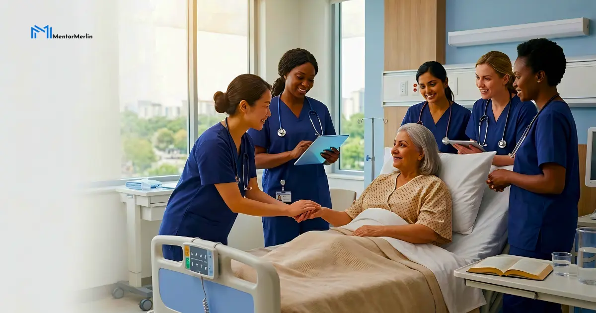 Nurses around the patient happily understanding and discussing Patient-Centred Care for NMC CBT