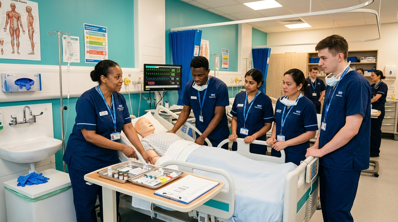 Nurses reviewing the NMC OSCE suppository insertion station goals — safe, dignified, step-by-step patient care.