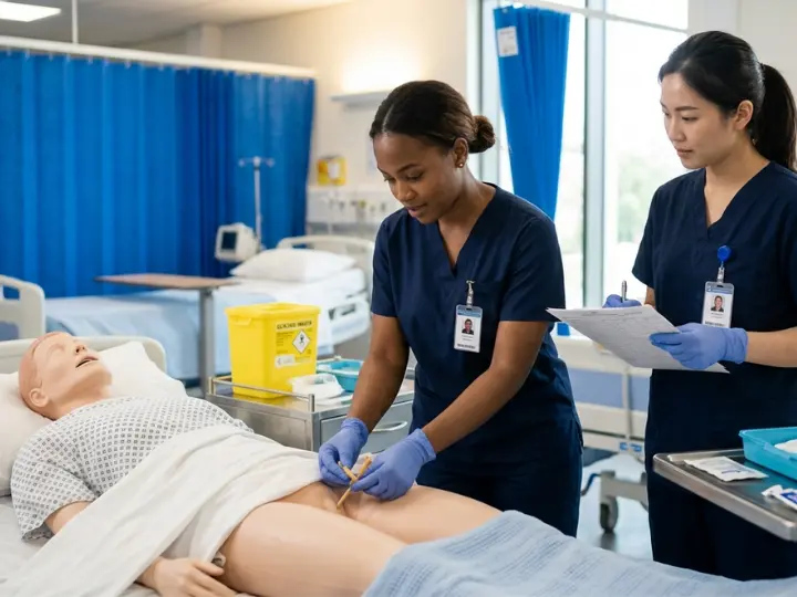 Nurses practising the removal of a catheter using the continuous traction method
