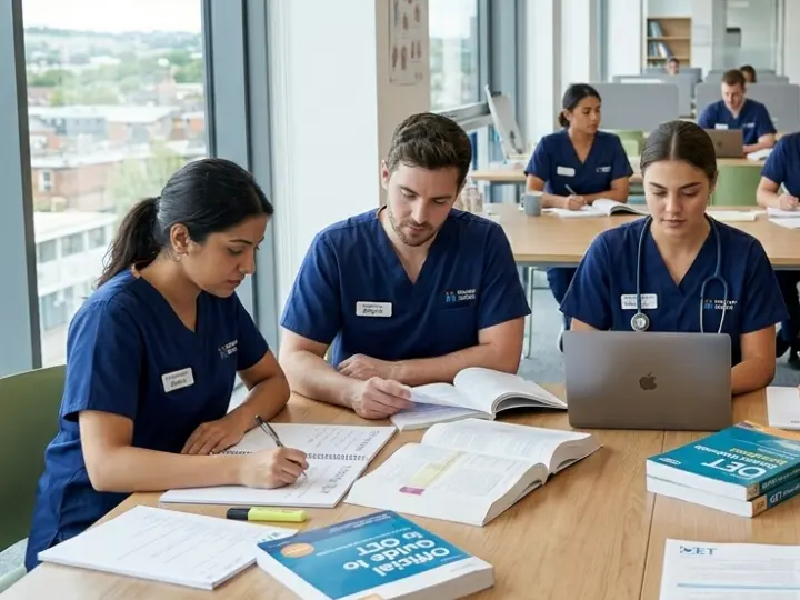 Nurses together discussing OET Part B and Part C.