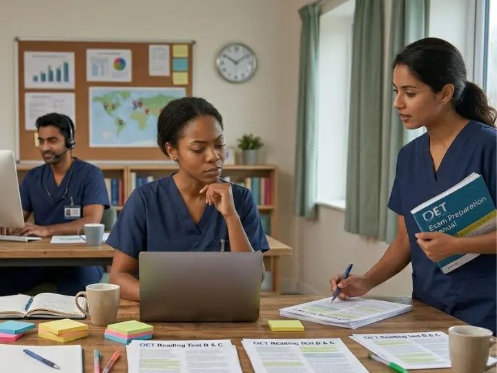 A nurse and a mentor reading and writing OET. An ongoing happy discussion between to of them.