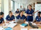 Nurses inside the library, practicing and discussing OET reading part B and Part C