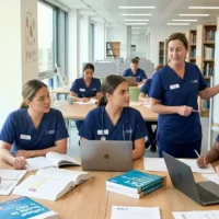 Nurses inside the library, practicing and discussing OET reading part B and Part C