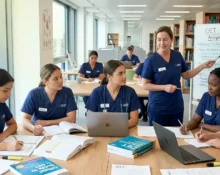 Nurses inside the library, practicing and discussing OET reading part B and Part C