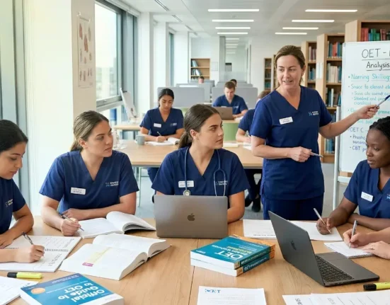 Nurses inside the library, practicing and discussing OET reading part B and Part C