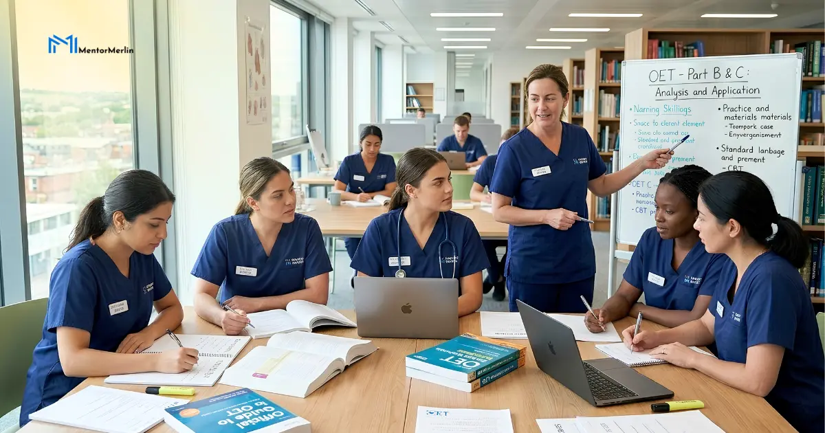 Nurses inside the library, practicing and discussing OET reading part B and Part C