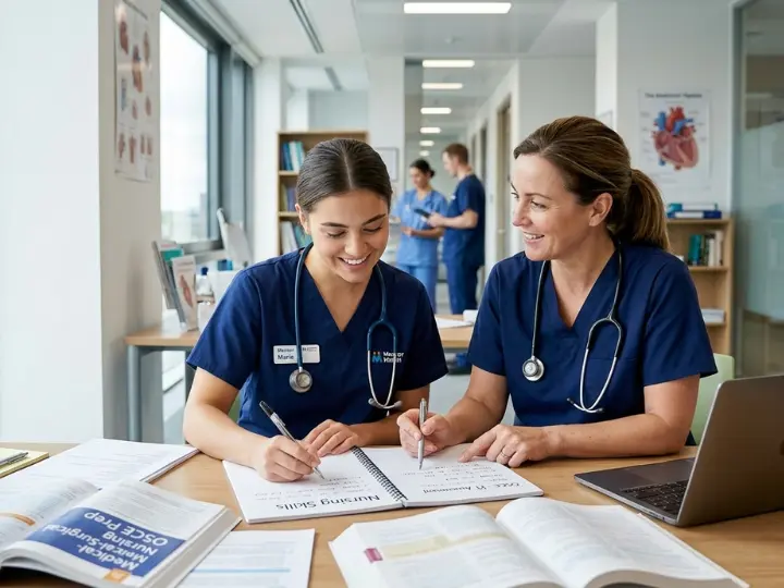 A library, nurses sitting with OET books and practicing the OET mock test.