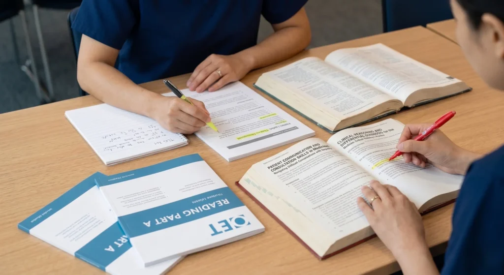 International nurse using OET reading strategies with healthcare notes and laptop