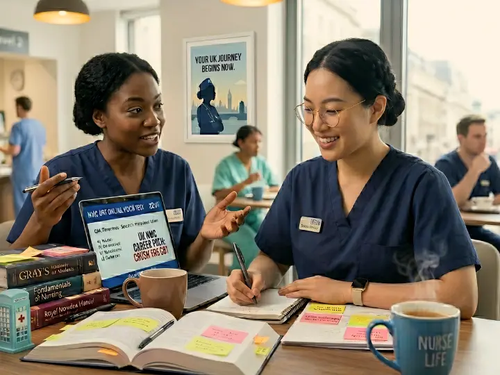 Safe healthcare workplace with nurse checking equipment and environmental risks