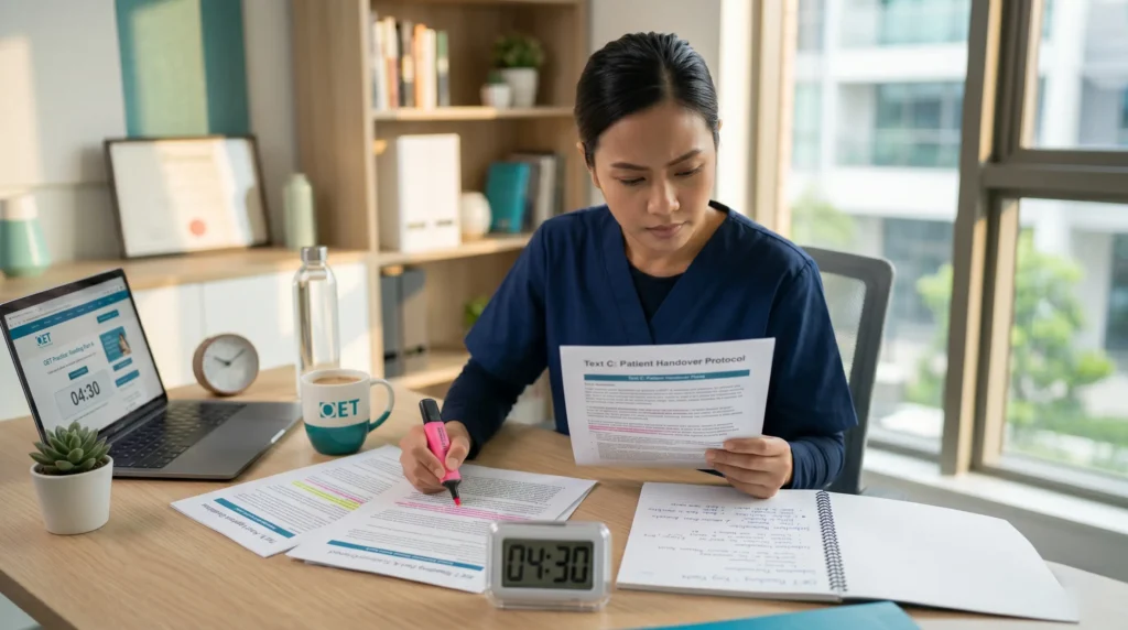 A nurse studying OET skimming techniques with highlighted healthcare reading text