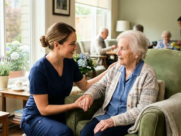 Nurse supporting an elderly patient with dementia in a calm person-centred clinical care setting