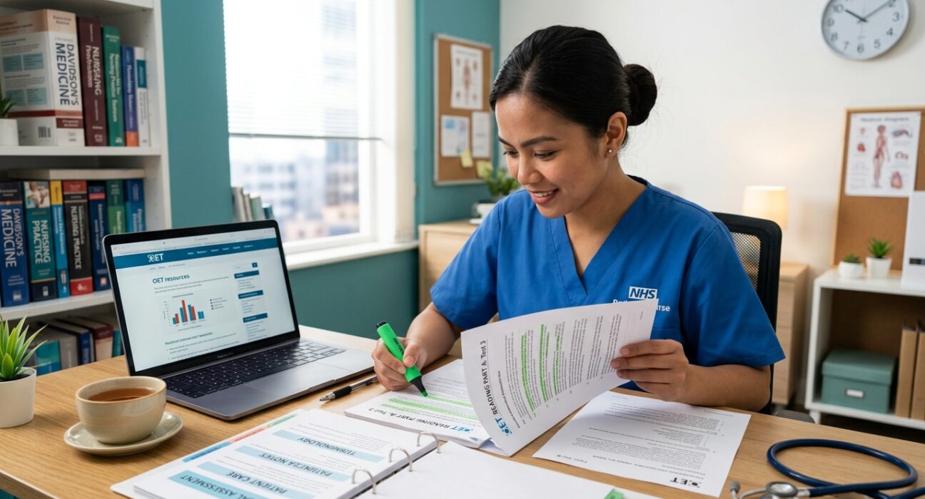 Nurse Practising OET Skimming Techniques for Reading Part A