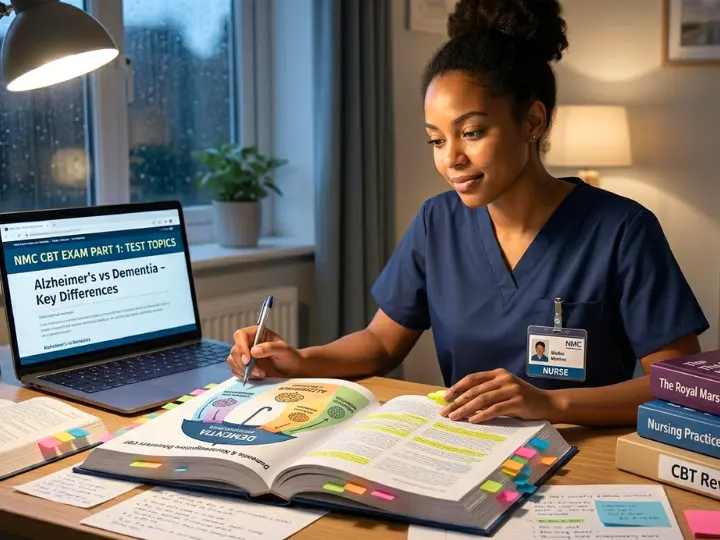 International nurse studying Alzheimer’s vs dementia for the NMC CBT exam