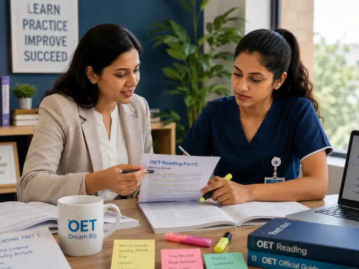 Nurse practicing with the mentor, the neutral language , decod attitude in oet reading part c