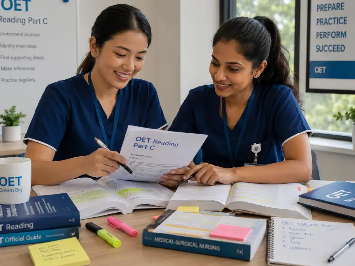 Nurses practicing and discussing OET Reading part c with books and papers