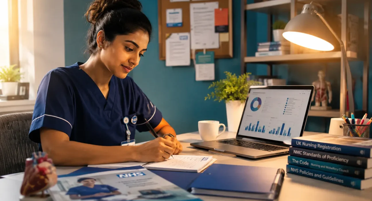 A focused international nurse studying for UK nursing registration