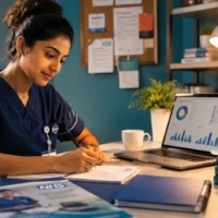 A focused international nurse studying for UK nursing registration