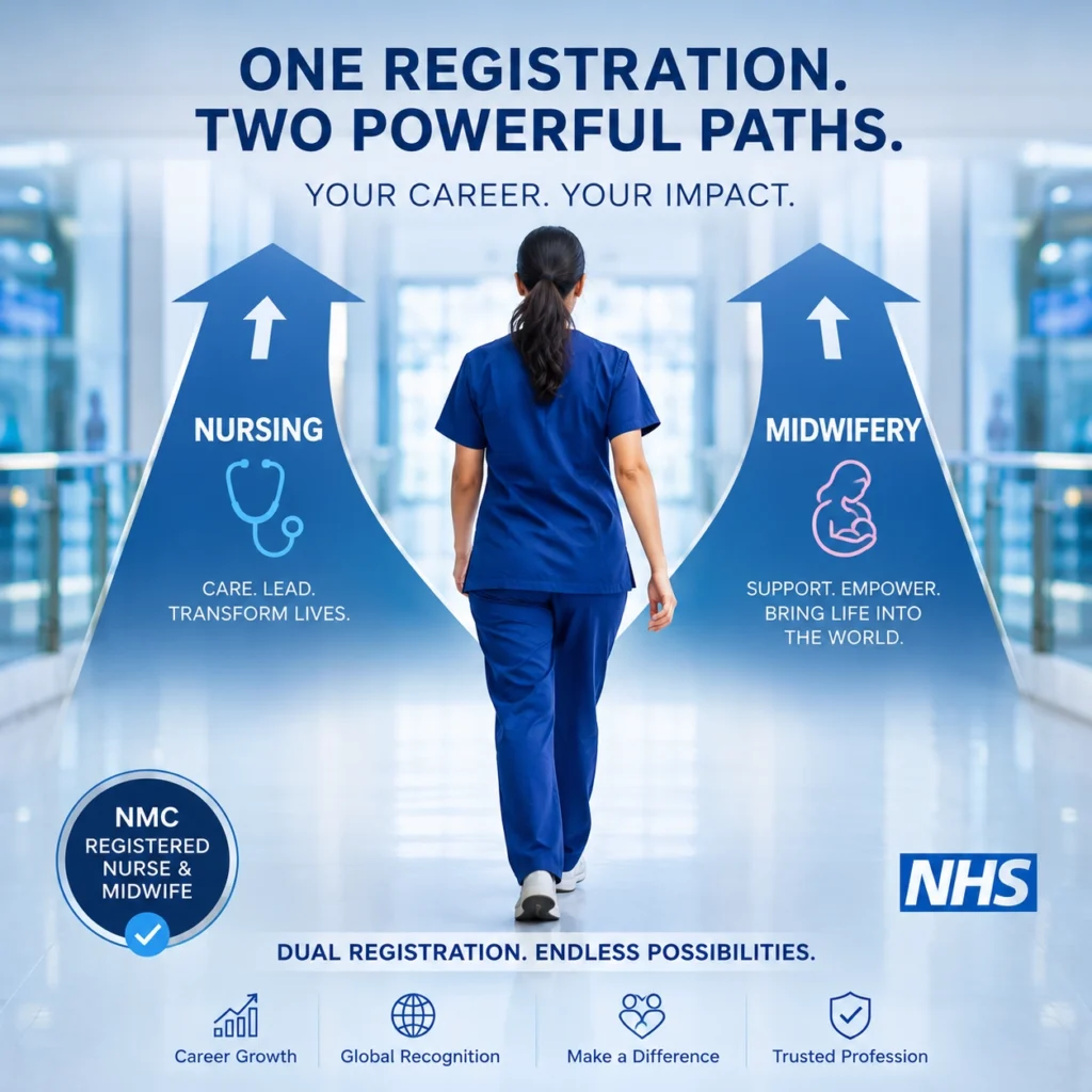 International nurse in navy blue scrubs walking confidently through a modern hospital corridor toward two career pathways labelled Nursing and Midwifery. Large upward arrows symbolize professional growth, career advancement, and expanded opportunities within UK healthcare. The clean blue and white design, realistic hospital environment, and premium marketing style highlight the benefits of dual registration and career flexibility for healthcare professionals. Square-format social media graphic focused on nursing and midwifery career development.