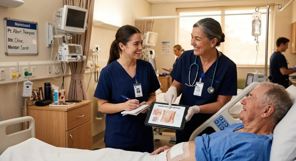 Nursing mentor in navy blue scrubs teaching a student nurse about hernia management and post-operative care in a warm clinical training environment, supporting NMC CBT revision and surgical nursing education.