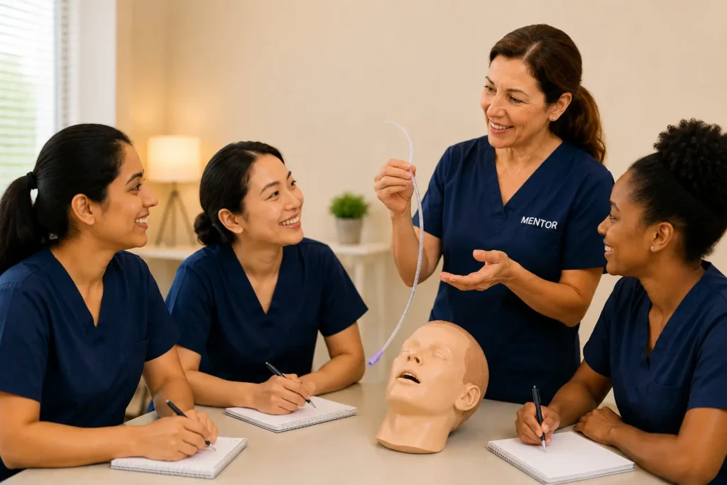 Mentor demonstrating a nasogastric (NG) tube to three nurses in navy blue scrubs during a hands-on clinical training session, with a mannequin head on the table in a bright and welcoming healthcare education setting.