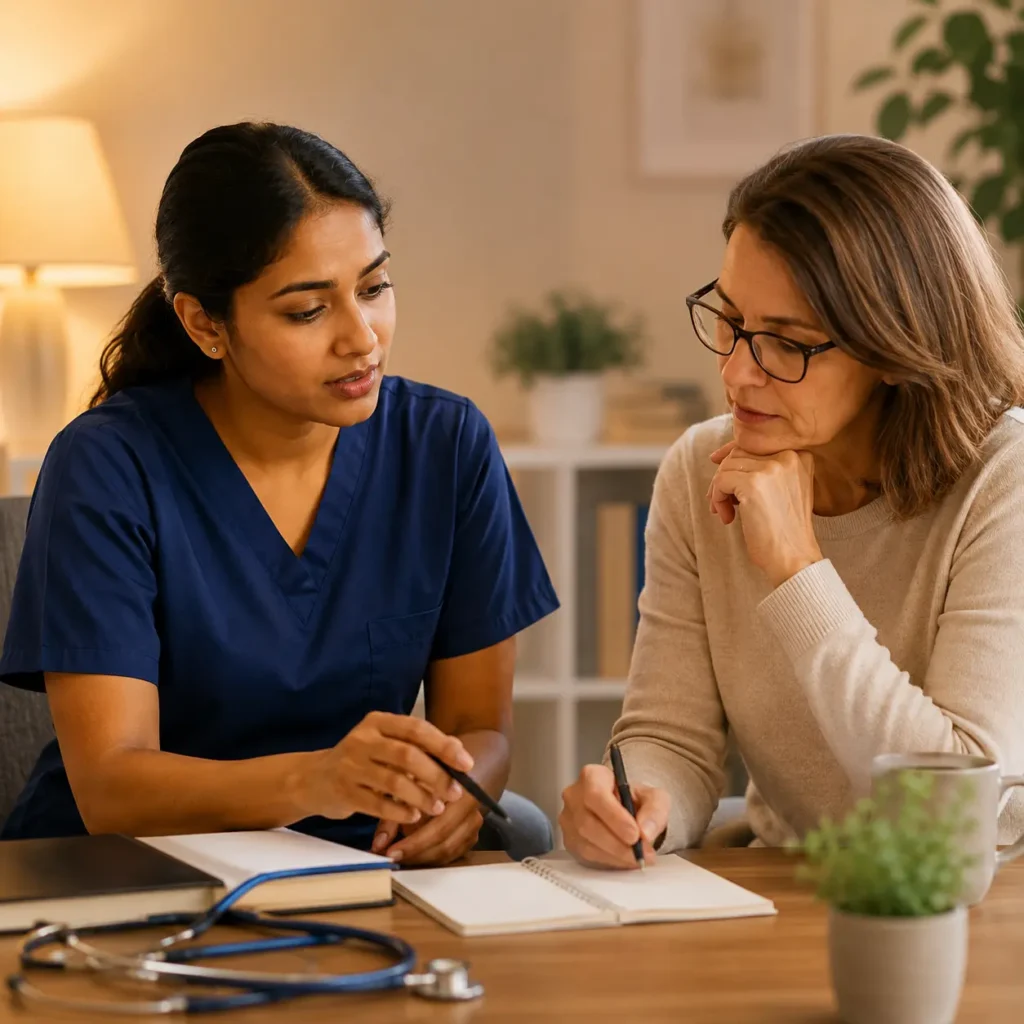 A nurse in navy blue scrubs sits with a mentor in a warm, professional learning environment, discussing notes in an open notebook. The mentor writes while listening attentively, creating a supportive coaching atmosphere ideal for OET writing preparation.
