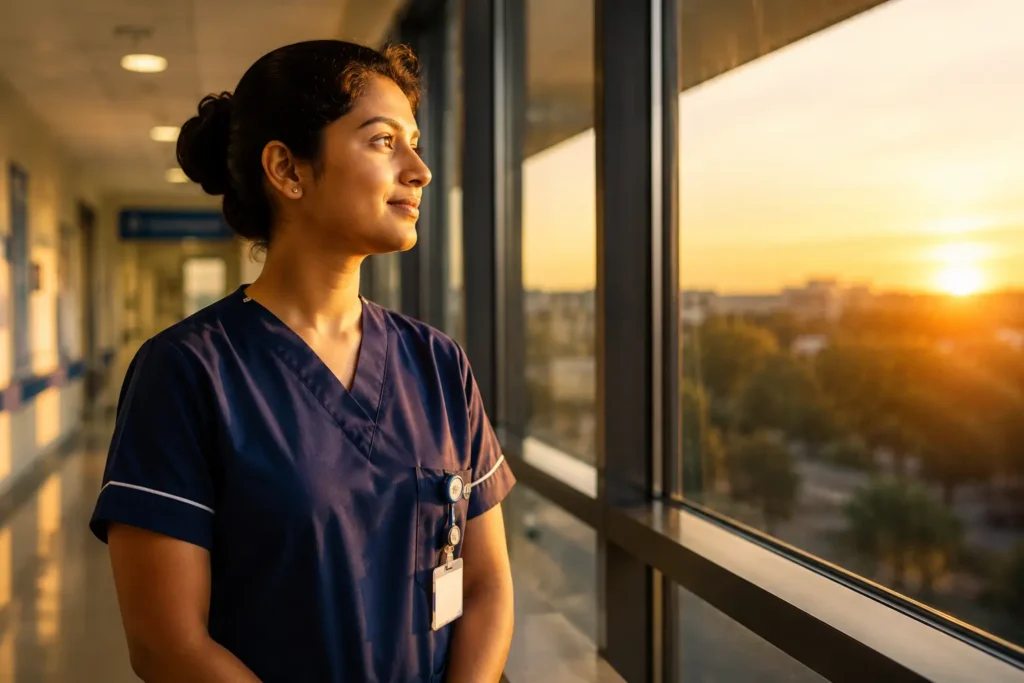 International nurse in navy blue scrubs standing in a hospital corridor, looking out through a large window at a warm sunset with a calm, compassionate expression, symbolising empathy, hope, and the journey towards a UK nursing career.