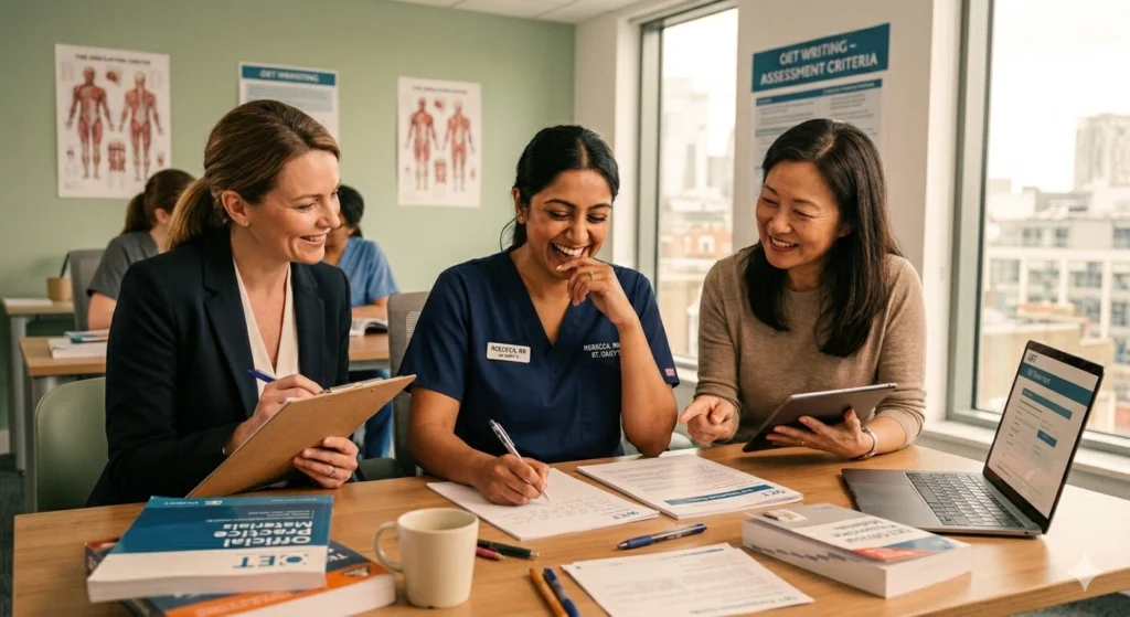 Nurse practicing OET Writing with the help of Mentor and Assessor Examining 