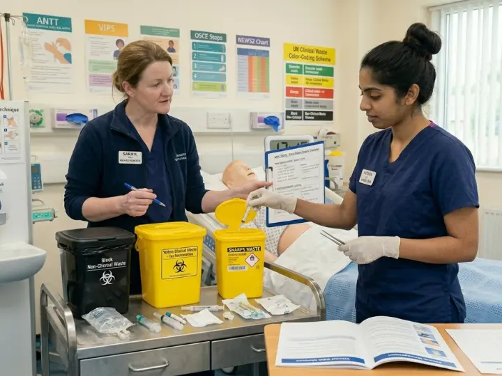 nurses practicing safe waste disposal