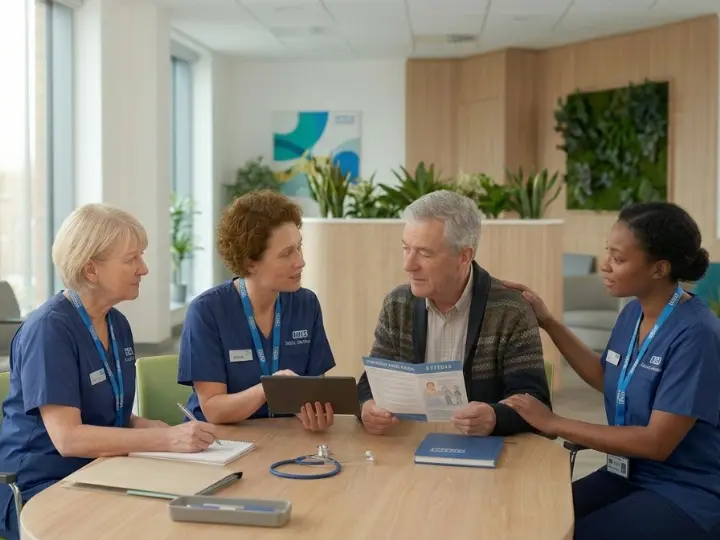 Three nurses collaborate with a patient to review care information, demonstrating shared decision-making, teamwork, and patient-centred care in a modern healthcare setting.

